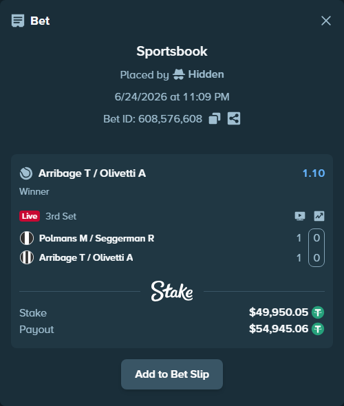 Bet slip: Polmans M / Seggerman R - Arribage T / Olivetti A, $50,000.00 stake at 1.10 odds, placed by Hidden