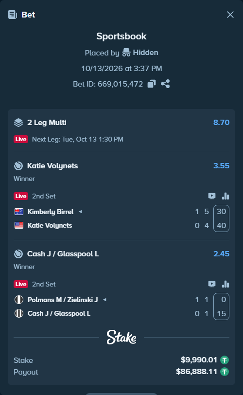 Bet slip: Polmans M / Zielinski J - Cash J / Glasspool L, $10,000.00 stake at 2.45 odds, placed by Hidden