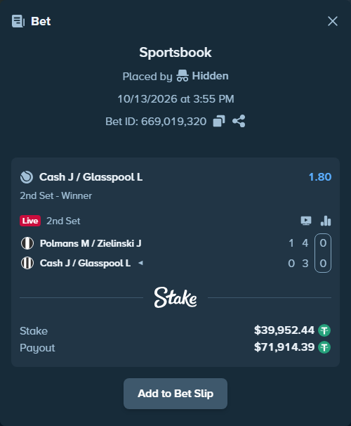 Bet slip: Polmans M / Zielinski J - Cash J / Glasspool L, $39,992.39 stake at 1.80 odds, placed by Hidden