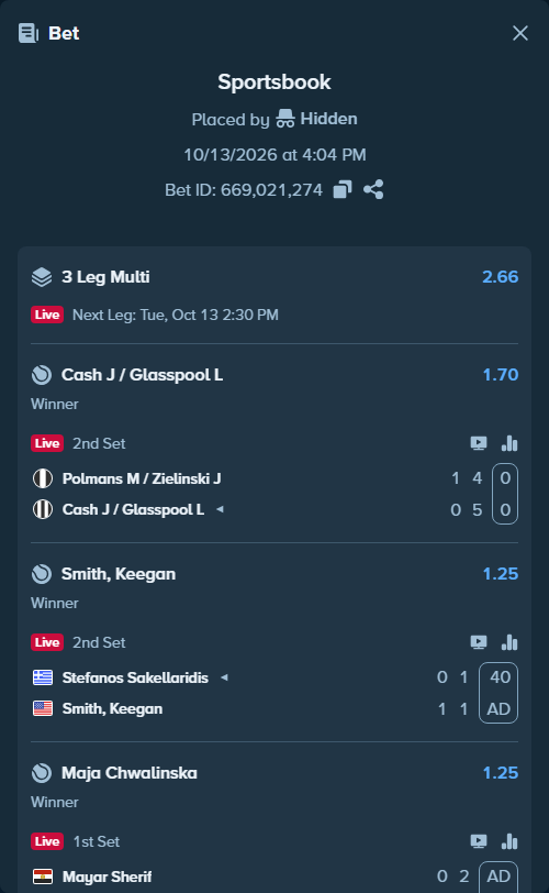 Bet slip: Polmans M / Zielinski J - Cash J / Glasspool L, $80,000.00 stake at 1.70 odds, placed by Hidden