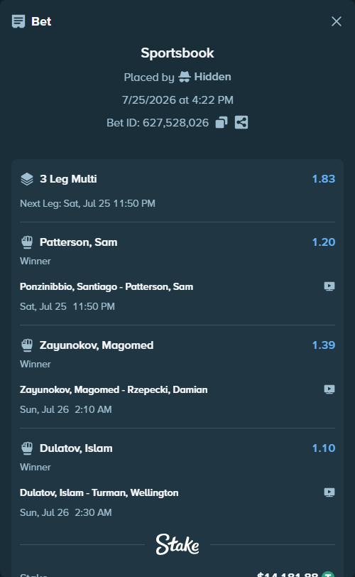 Bet slip: Ponzinibbio, Santiago - Patterson, Sam, $14,196.06 stake at 1.20 odds, placed by Hidden