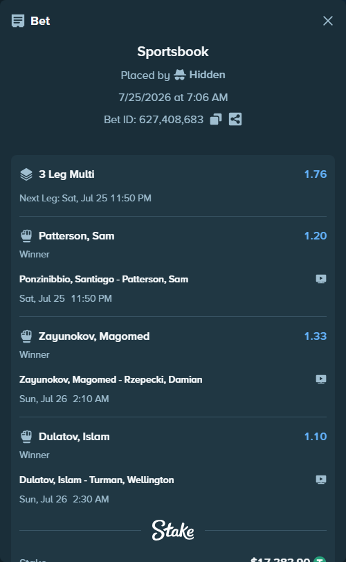 Bet slip: Ponzinibbio, Santiago - Patterson, Sam, $17,401.29 stake at 1.20 odds, placed by Hidden