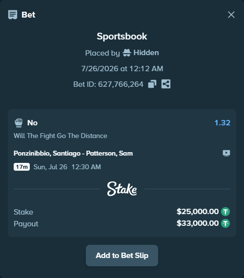 Bet slip: Ponzinibbio, Santiago - Patterson, Sam, $25,000.00 stake at 1.32 odds, placed by Hidden