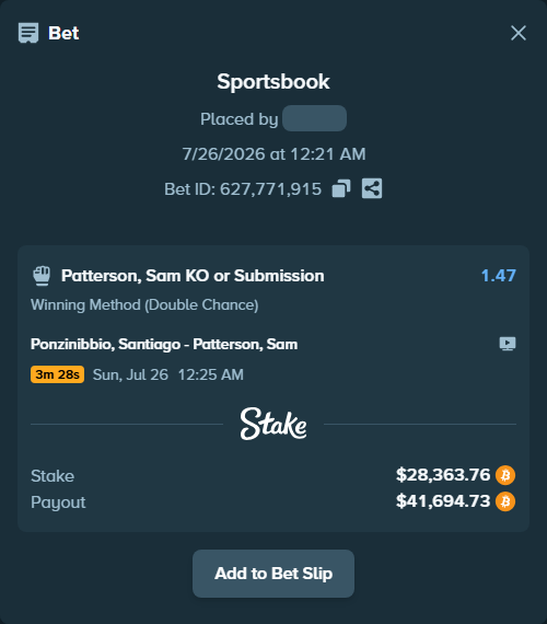 Bet slip: Ponzinibbio, Santiago - Patterson, Sam, $28,443.50 stake at 1.47 odds, placed by theoutlaw