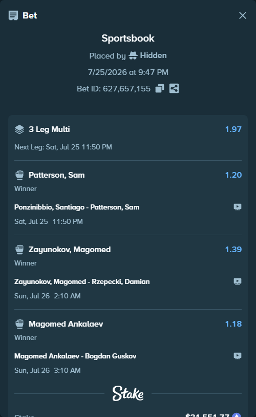 Bet slip: Ponzinibbio, Santiago - Patterson, Sam, $32,342.51 stake at 1.20 odds, placed by Hidden