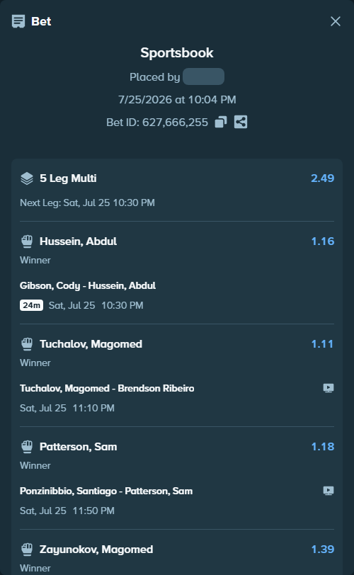 Bet slip: Ponzinibbio, Santiago - Patterson, Sam, $35,000.00 stake at 1.18 odds, placed by Maxprof