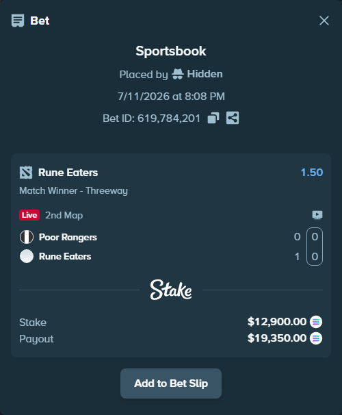 Bet slip: Poor Rangers - Rune Eaters, $12,055.52 stake at 1.50 odds, placed by Hidden