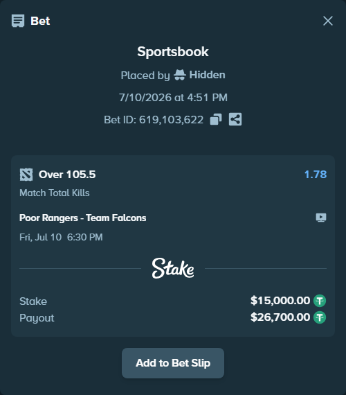 Bet slip: Poor Rangers - Team Falcons, $15,015.00 stake at 1.78 odds, placed by Hidden