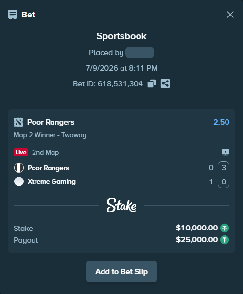 Bet slip: Poor Rangers - Xtreme Gaming, $10,010.00 stake at 2.50 odds, placed by ne0tlozhka