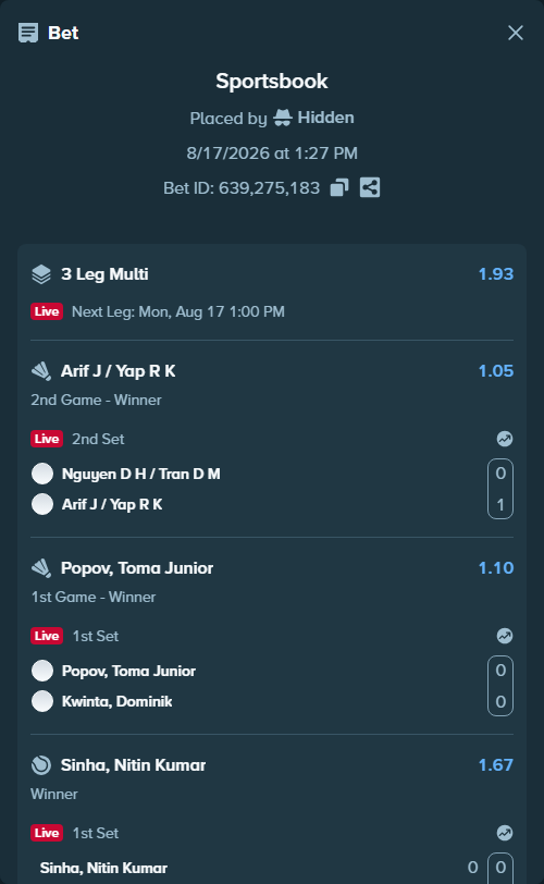 Bet slip: Popov, Toma Junior - Kwinta, Dominik, $35,714.80 stake at 1.10 odds, placed by Hidden