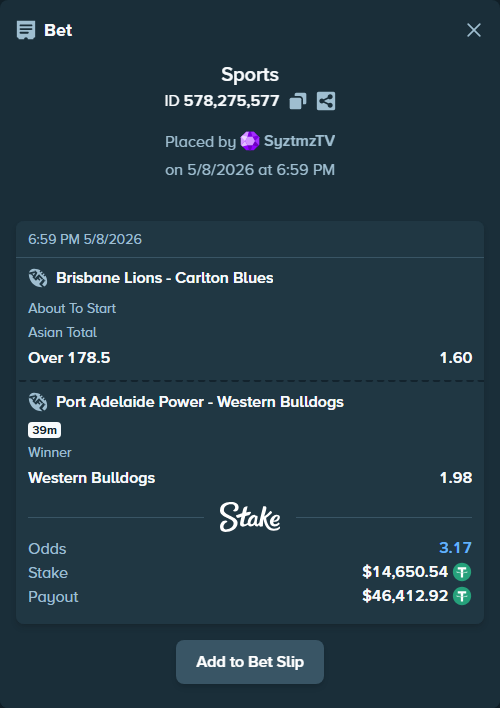 Bet slip: Port Adelaide Power - Western Bulldogs, $14,650.54 stake at 1.98 odds, placed by SyztmzTV