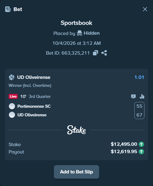 Bet slip: Portimonense SC - UD Oliveirense, $12,495.00 stake at 1.01 odds, placed by Hidden