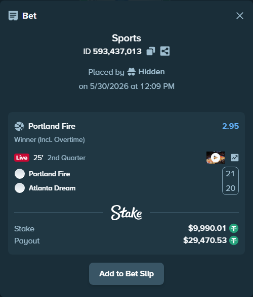 Bet slip: Portland Fire - Atlanta Dream, $10,000.00 stake at 2.95 odds, placed by Hidden