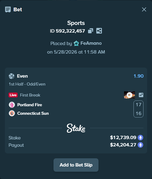 Bet slip: Portland Fire - Connecticut Sun, $10,951.83 stake at 1.90 odds, placed by FeAmano