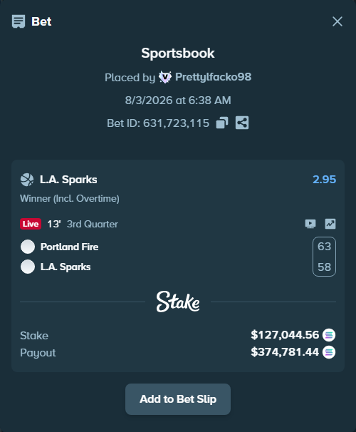 Bet slip: Portland Fire - Los Angeles Sparks, $125,375.02 stake at 2.95 odds, placed by Prettylfacko98