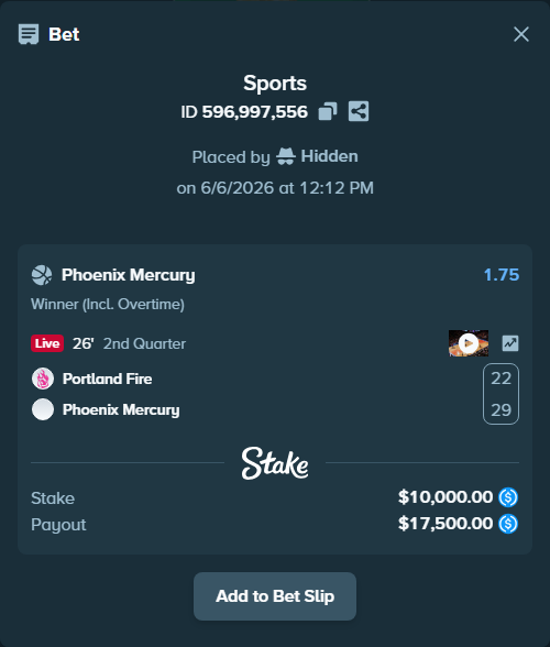Bet slip: Portland Fire - Phoenix Mercury, $10,000.00 stake at 1.75 odds, placed by Hidden