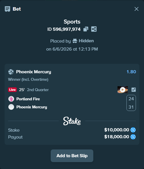 Bet slip: Portland Fire - Phoenix Mercury, $10,000.00 stake at 1.80 odds, placed by Hidden