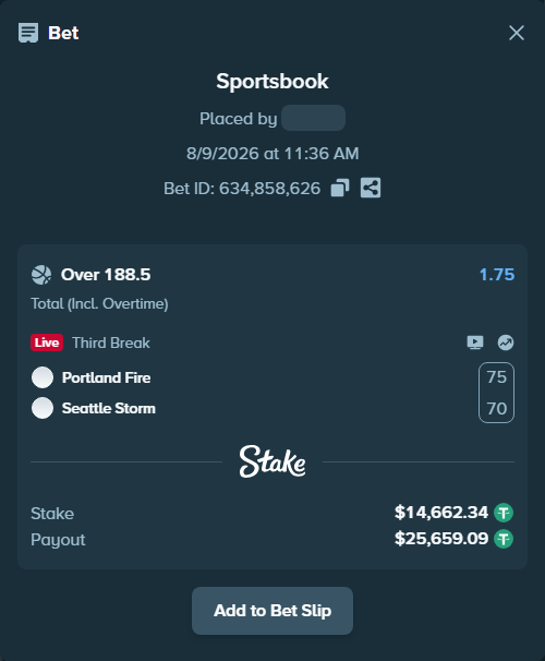 Bet slip: Portland Fire - Seattle Storm, $14,677.00 stake at 1.75 odds, placed by Rovangood