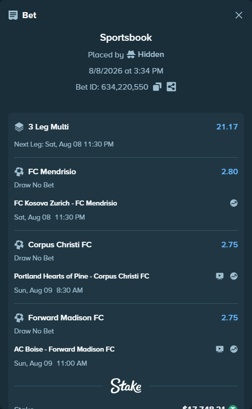 Bet slip: Portland Hearts of Pine - Corpus Christi FC, $17,765.96 stake at 2.75 odds, placed by Hidden