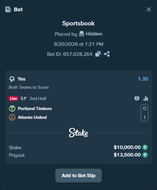 Bet slip: Portland Timbers - Atlanta United, $10,000.00 stake at 1.35 odds, placed by Hidden