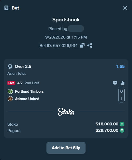 Bet slip: Portland Timbers - Atlanta United, $18,000.00 stake at 1.65 odds, placed by tlwns4736