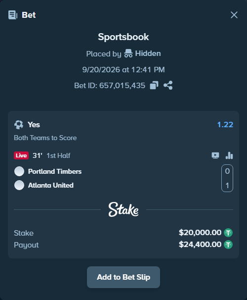 Bet slip: Portland Timbers - Atlanta United, $20,000.00 stake at 1.22 odds, placed by Hidden