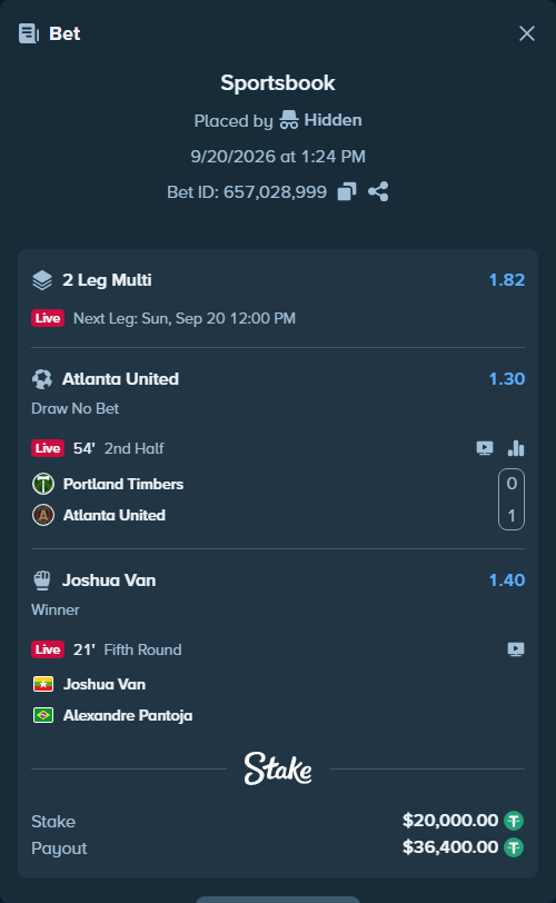 Bet slip: Portland Timbers - Atlanta United, $20,000.00 stake at 1.30 odds, placed by Hidden