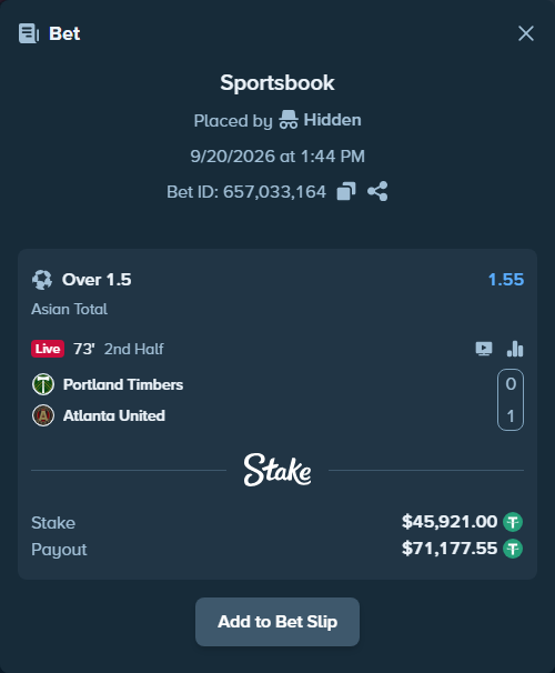 Bet slip: Portland Timbers - Atlanta United, $45,921.00 stake at 1.55 odds, placed by Hidden
