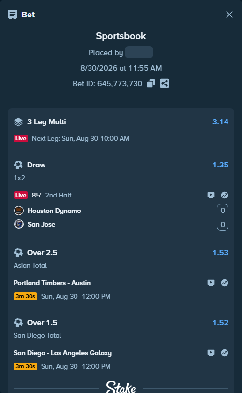 Bet slip: Portland Timbers - Austin, $10,000.00 stake at 1.53 odds, placed by RichHalif