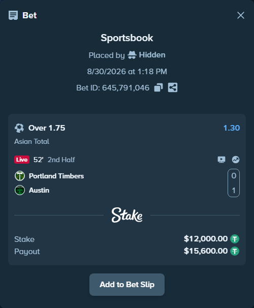 Bet slip: Portland Timbers - Austin, $12,000.00 stake at 1.30 odds, placed by Hidden