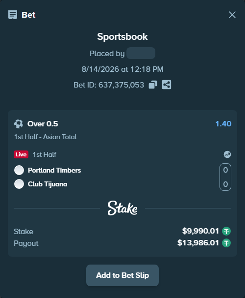 Bet slip: Portland Timbers - Club Tijuana, $10,000.00 stake at 1.40 odds, placed by tlwns4736