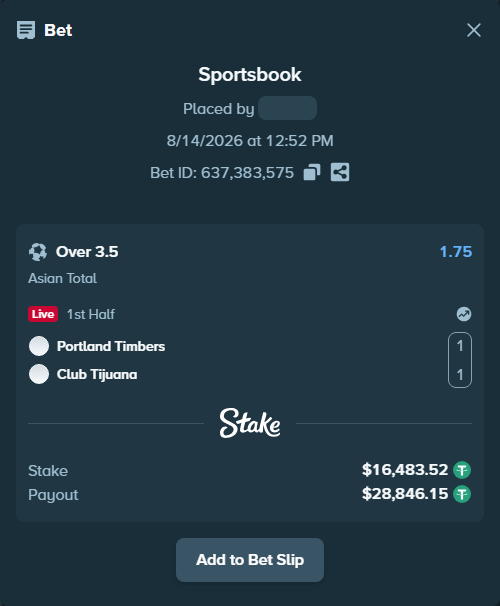 Bet slip: Portland Timbers - Club Tijuana, $16,500.00 stake at 1.75 odds, placed by tlwns4736