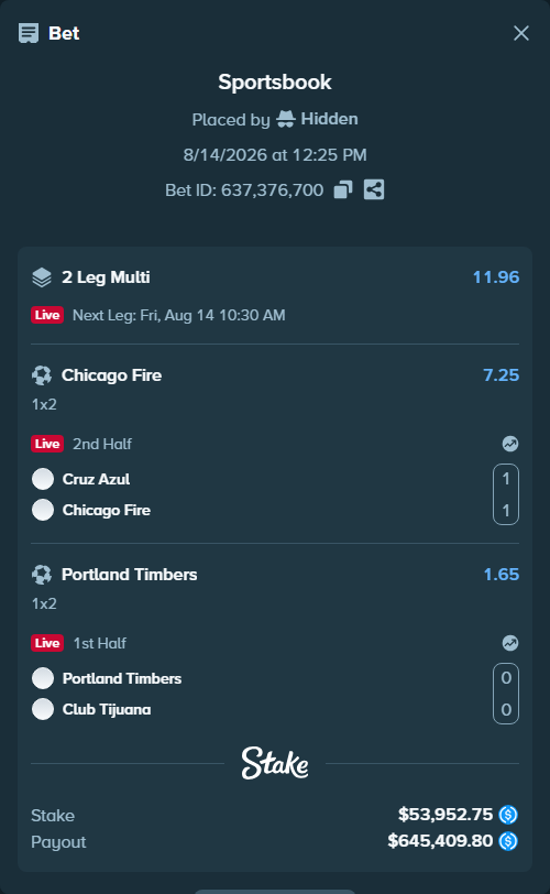 Bet slip: Portland Timbers - Club Tijuana, $53,952.75 stake at 1.65 odds, placed by Hidden