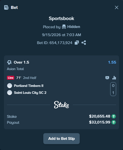 Bet slip: Portland Timbers II - Saint Louis City SC 2, $20,655.48 stake at 1.55 odds, placed by Hidden