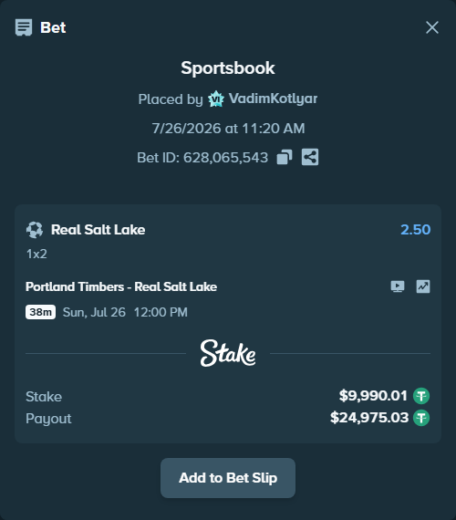 Bet slip: Portland Timbers - Real Salt Lake, $10,000.00 stake at 2.50 odds, placed by VadimKotlyar