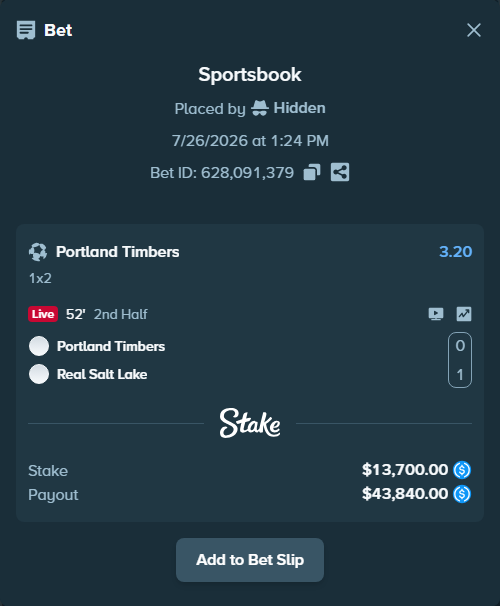 Bet slip: Portland Timbers - Real Salt Lake, $13,700.00 stake at 3.20 odds, placed by Hidden