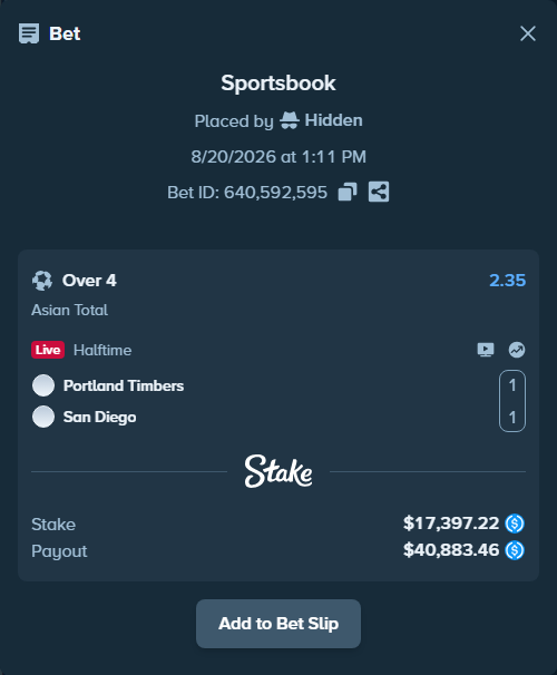 Bet slip: Portland Timbers - San Diego, $17,397.22 stake at 2.35 odds, placed by Hidden