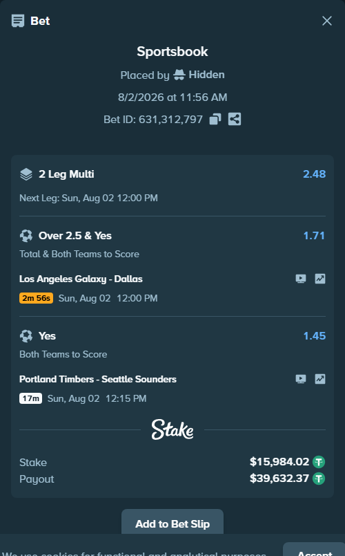 Bet slip: Portland Timbers - Seattle Sounders, $16,000.00 stake at 1.45 odds, placed by RichHalif