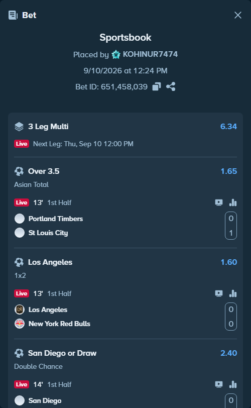 Bet slip: Portland Timbers - St Louis City, $10,000.00 stake at 1.65 odds, placed by KOHINUR7474