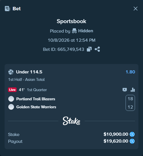 Bet slip: Portland Trail Blazers - Golden State Warriors, $10,900.00 stake at 1.80 odds, placed by ChromeSpector