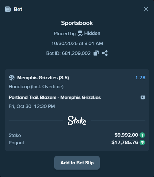 Bet slip: Portland Trail Blazers - Memphis Grizzlies, $10,001.99 stake at 1.78 odds, placed by Hidden