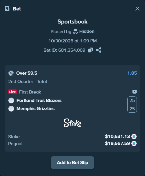 Bet slip: Portland Trail Blazers - Memphis Grizzlies, $10,871.29 stake at 1.85 odds, placed by Hidden