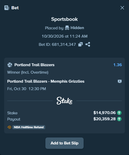Bet slip: Portland Trail Blazers - Memphis Grizzlies, $15,000.00 stake at 1.36 odds, placed by Hidden