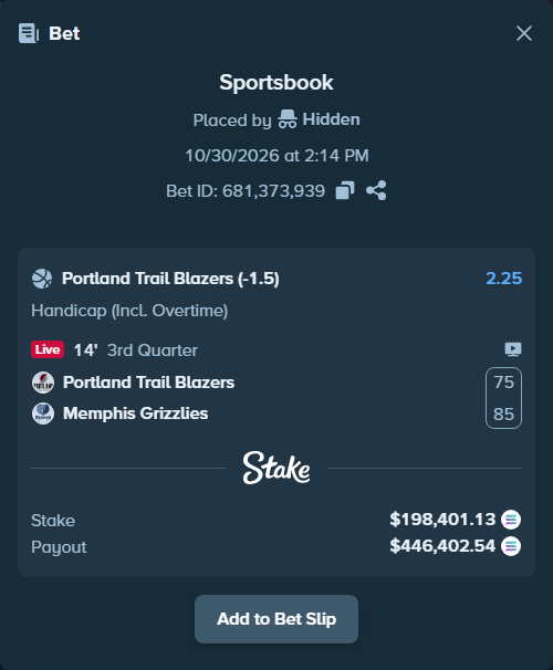 Bet slip: Portland Trail Blazers - Memphis Grizzlies, $200,948.19 stake at 2.25 odds, placed by Prettylfacko98
