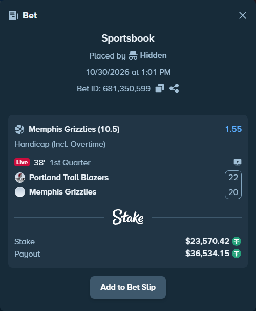 Bet slip: Portland Trail Blazers - Memphis Grizzlies, $23,617.56 stake at 1.55 odds, placed by Hidden