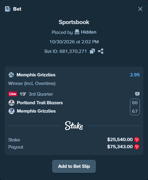 Bet slip: Portland Trail Blazers - Memphis Grizzlies, $24,232.98 stake at 2.95 odds, placed by Marvin123421
