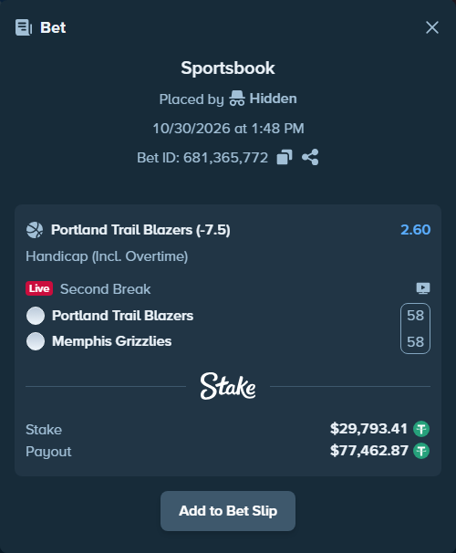 Bet slip: Portland Trail Blazers - Memphis Grizzlies, $29,853.00 stake at 2.60 odds, placed by BetlikeaKing