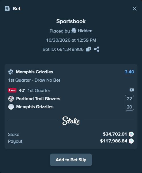 Bet slip: Portland Trail Blazers - Memphis Grizzlies, $35,755.30 stake at 3.40 odds, placed by Prettylfacko98