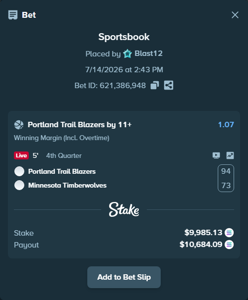Bet slip: Portland Trail Blazers - Minnesota Timberwolves, $9,665.25 stake at 1.07 odds, placed by Blast12