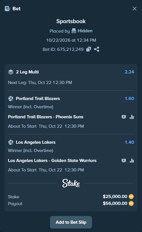 Bet slip: Portland Trail Blazers - Phoenix Suns, $25,000.00 stake at 1.60 odds, placed by Hidden